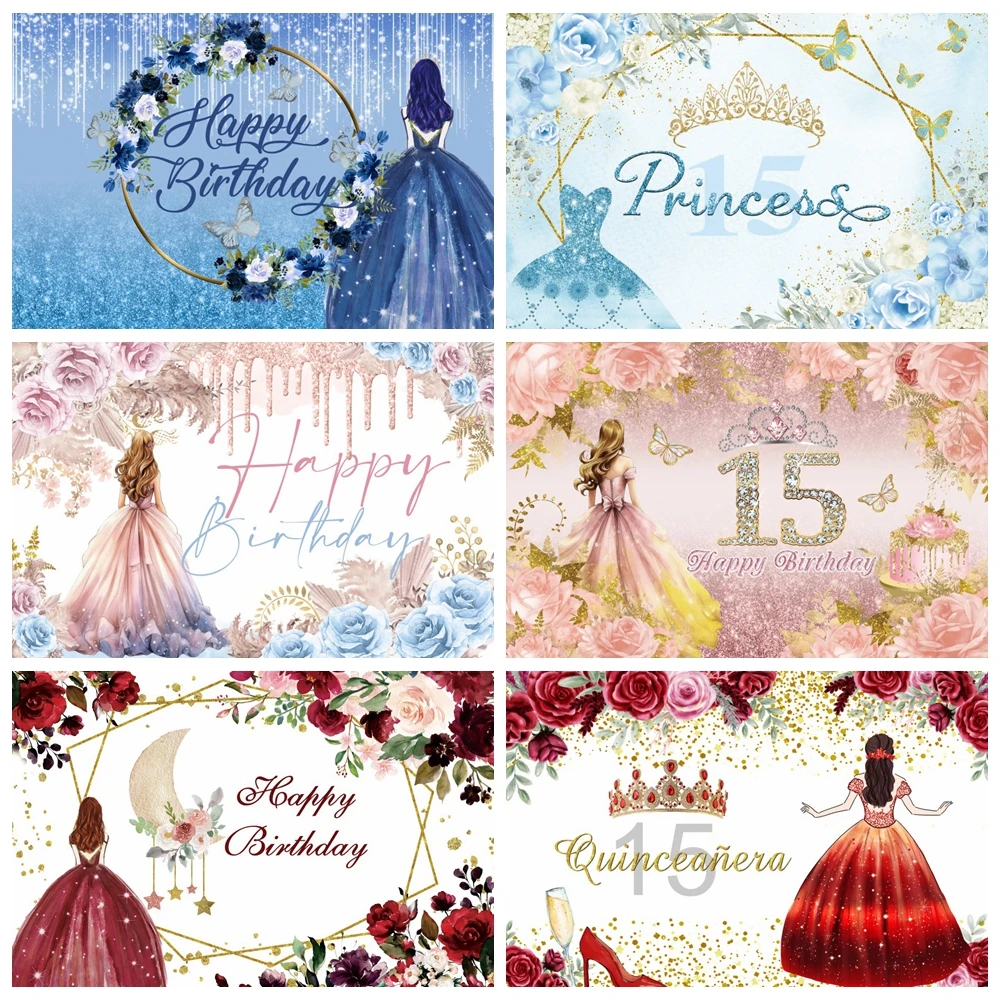 

Quinceanera Sweet 15th Birthday Party Backdrop Floral Girl Fifteen Years Old Rose Quinceañera Princess Customized backdround