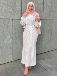 2 Piece White Silky Satin Abaya Wrap Dress with Front Skirt Arabic Long Hijab Dresses for Muslim Women Dubai Islamic Clothing