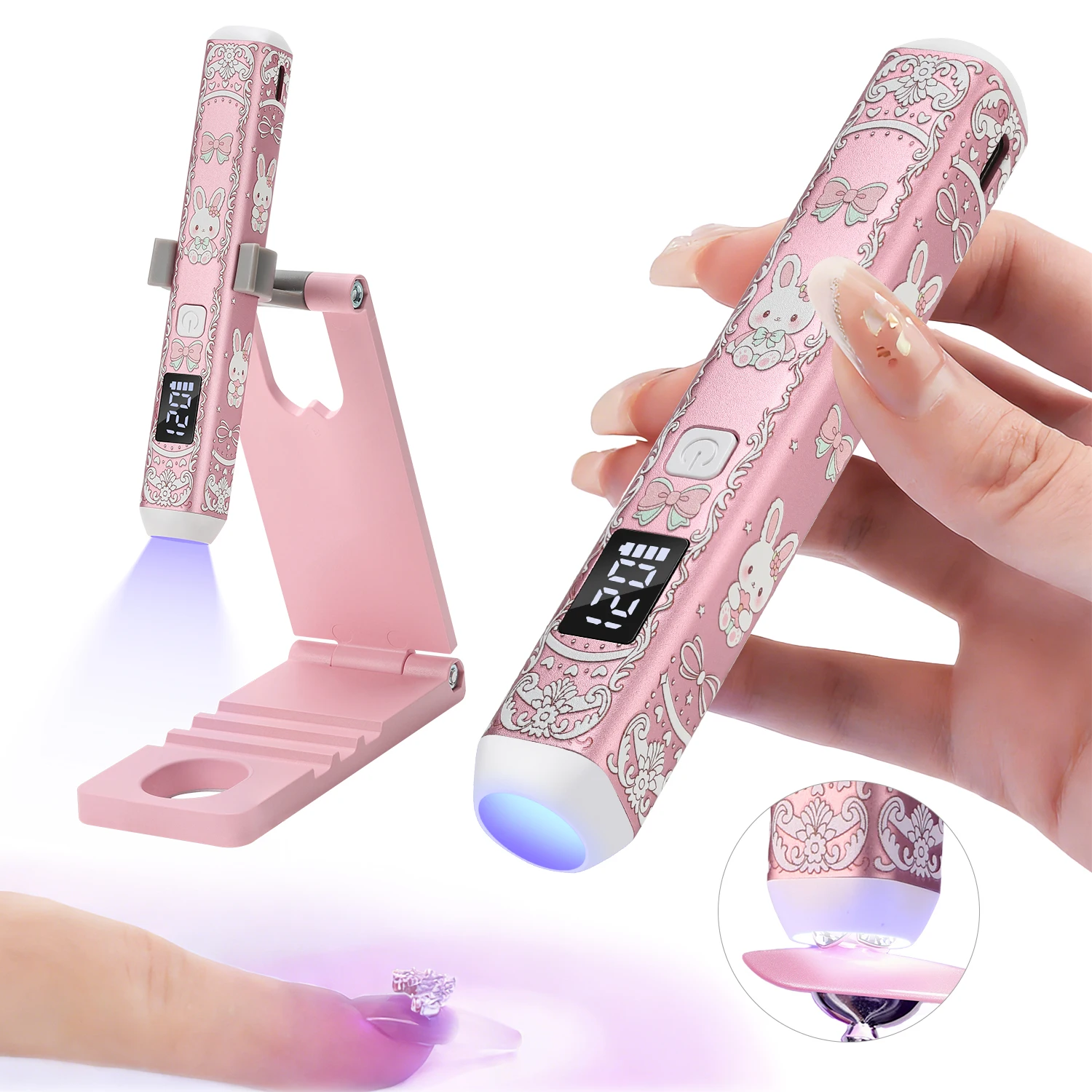 

Многофункциональная УФ-лампа для ногтей 5-в-1 в форме милого кролика, перезаряжаемая светодиодная лампа с 3 режимами таймера, складная подставка для маникюра «кошачий глаз» и страз