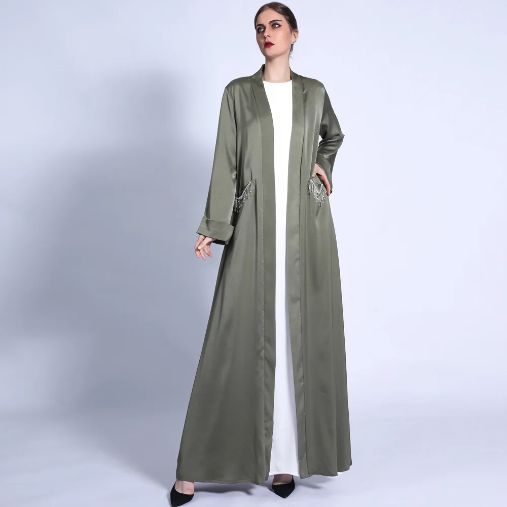 

Muslim Women Satin Maxi Dress Open Abaya Islam Coat Eid Ramadan Jalabiya Dubai Abayas Turkey Kaftan Saudi Arabic Kimono Cardigan