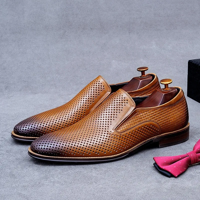 

Мужские летние деловые повседневные кожаные туфли с открытыми отверстиями, удобные сандалии из мягкой кожи из воловьей кожи для умной повседневной одежды