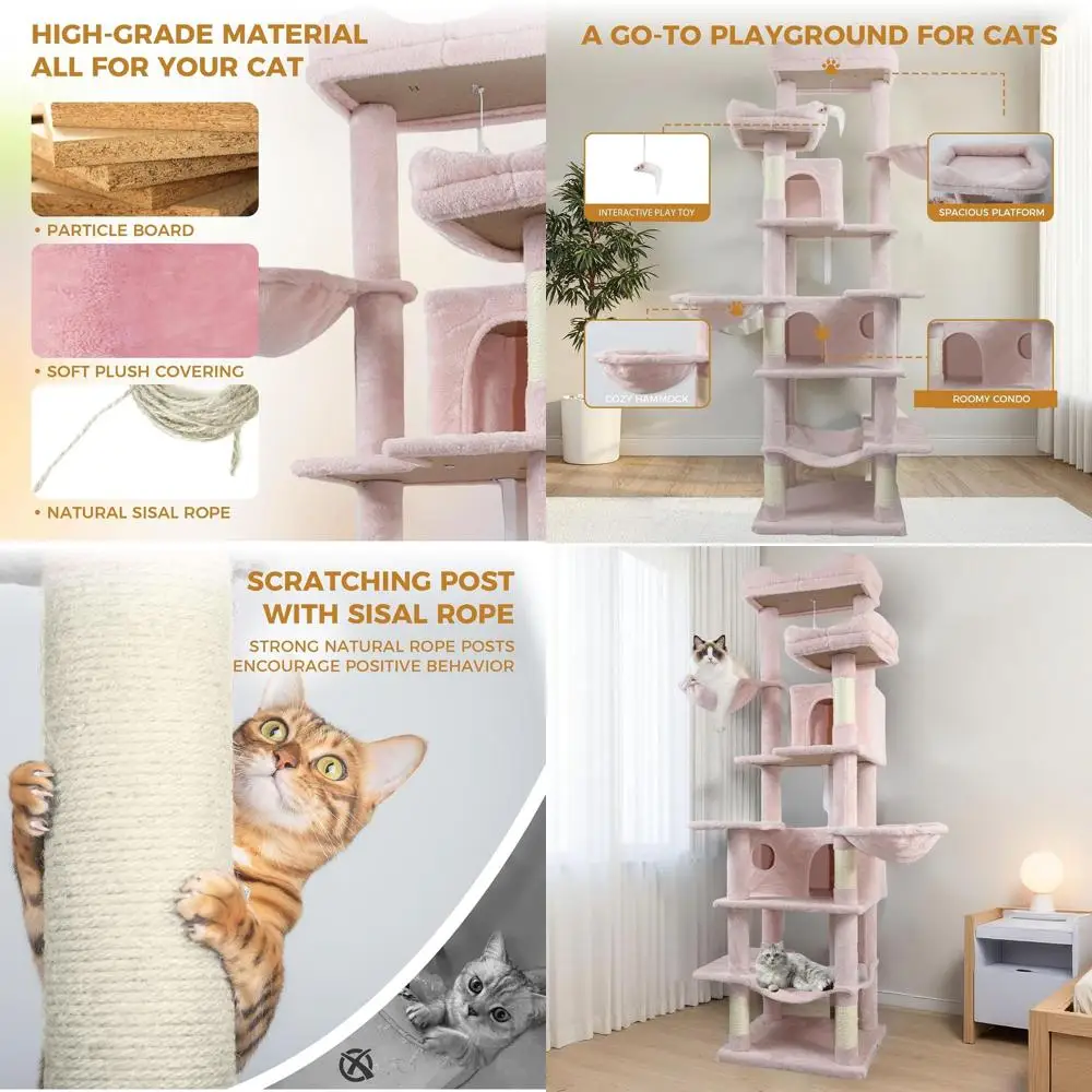 

68-дюймовый домашний кошачий комплекс с плюшевым домиком, 4 столбиками для царапания, 2 лежанками, 2 пещерами, гамаком, помпонами, очень большой верхней лежанкой - розовый