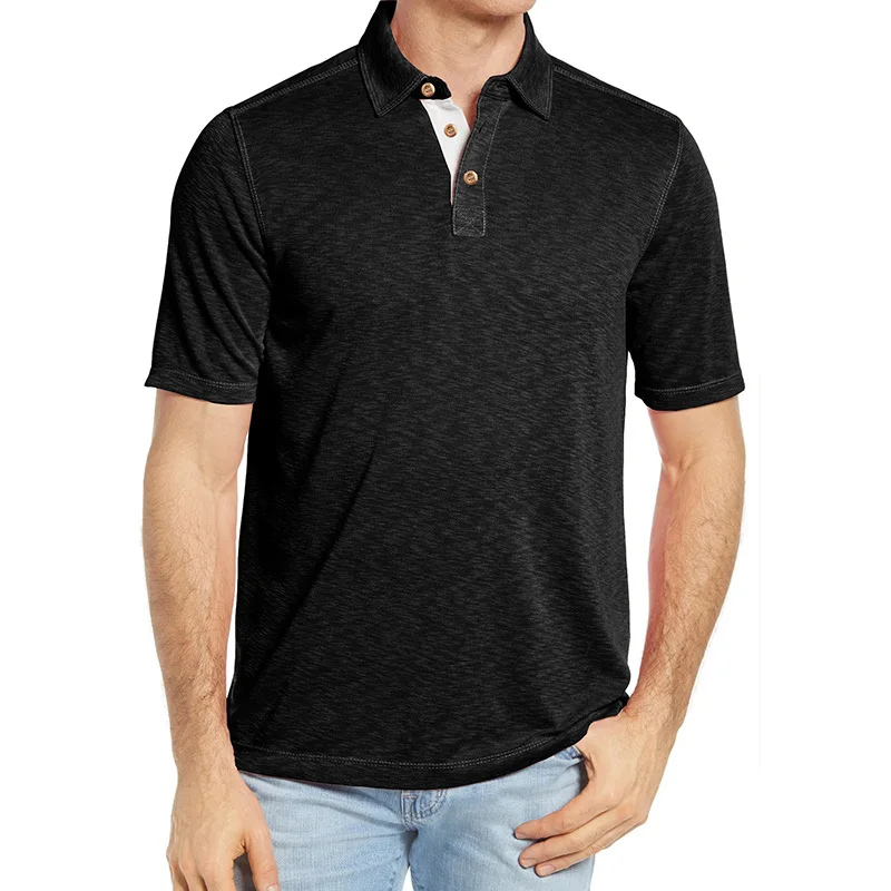 Men's Navy Heather Polo Shirt Short Sleeve Button Collar Casual Soft Comfortable Daily Tops