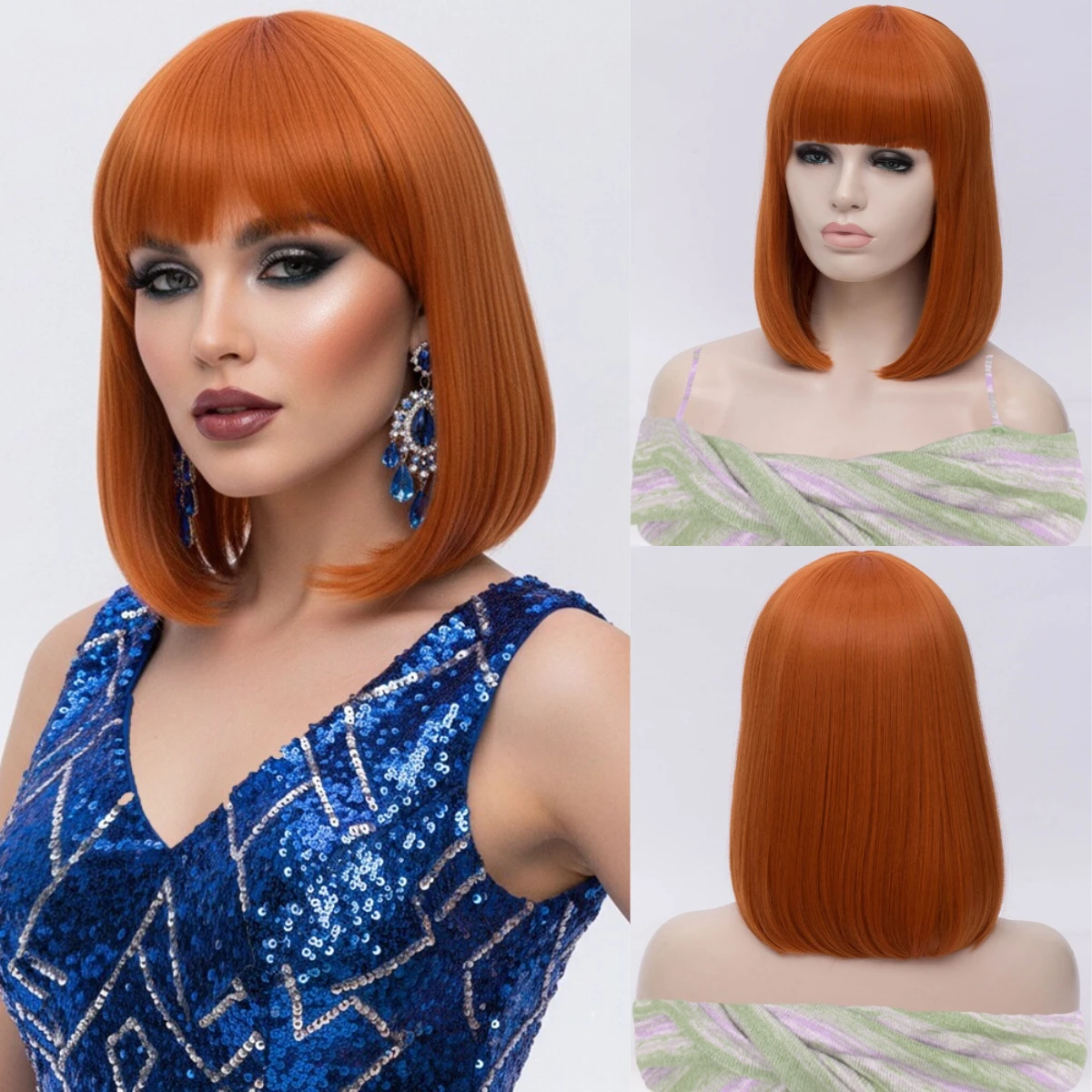 Women's Heat Resistant Short Straight Orange Wig With Bang Synthetic Fiber for Lolita Cosplay Halloween Christmas Casual Glam