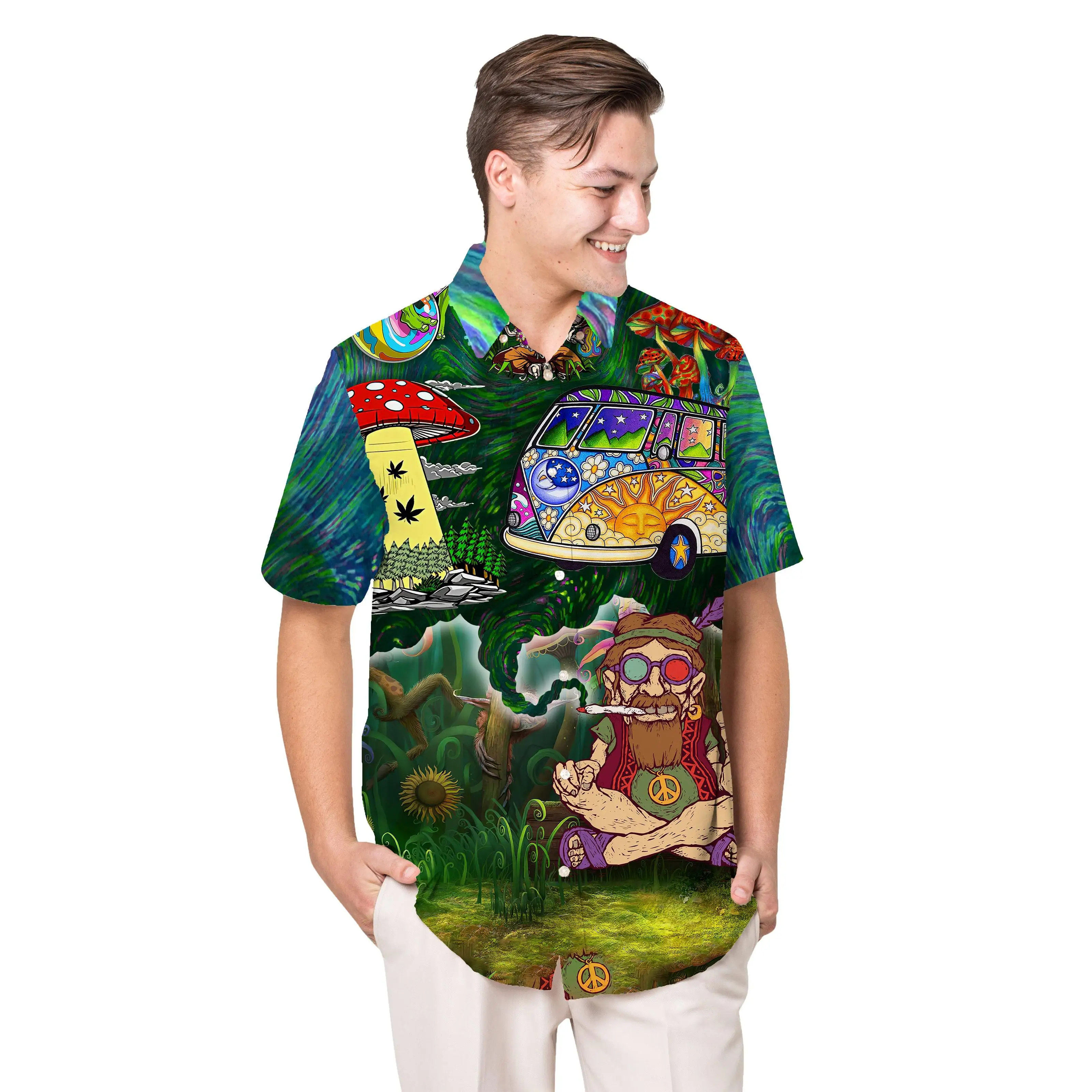 Jumeast Cartoon Pattern Hawaiian Shirt Peace  Sign Mushroom Graphics Polyester Aloha Shirts Tropical Baggy Casual Man Clothing