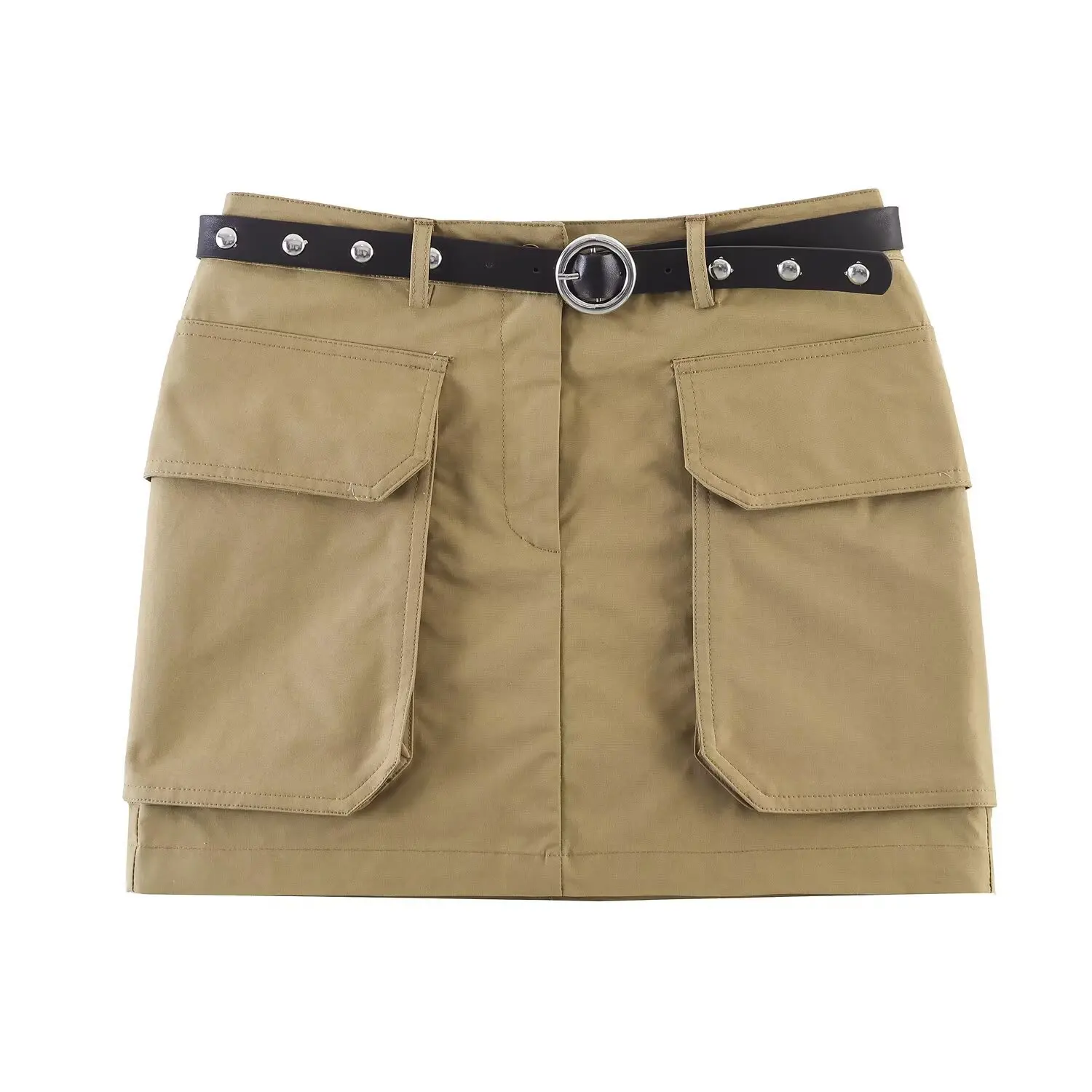 Women's Fashion Workwear Style Mini Skirt With Belt Khaki Cargo Pockets Belted Mini Skirt With Detachable Belt For Women UERL