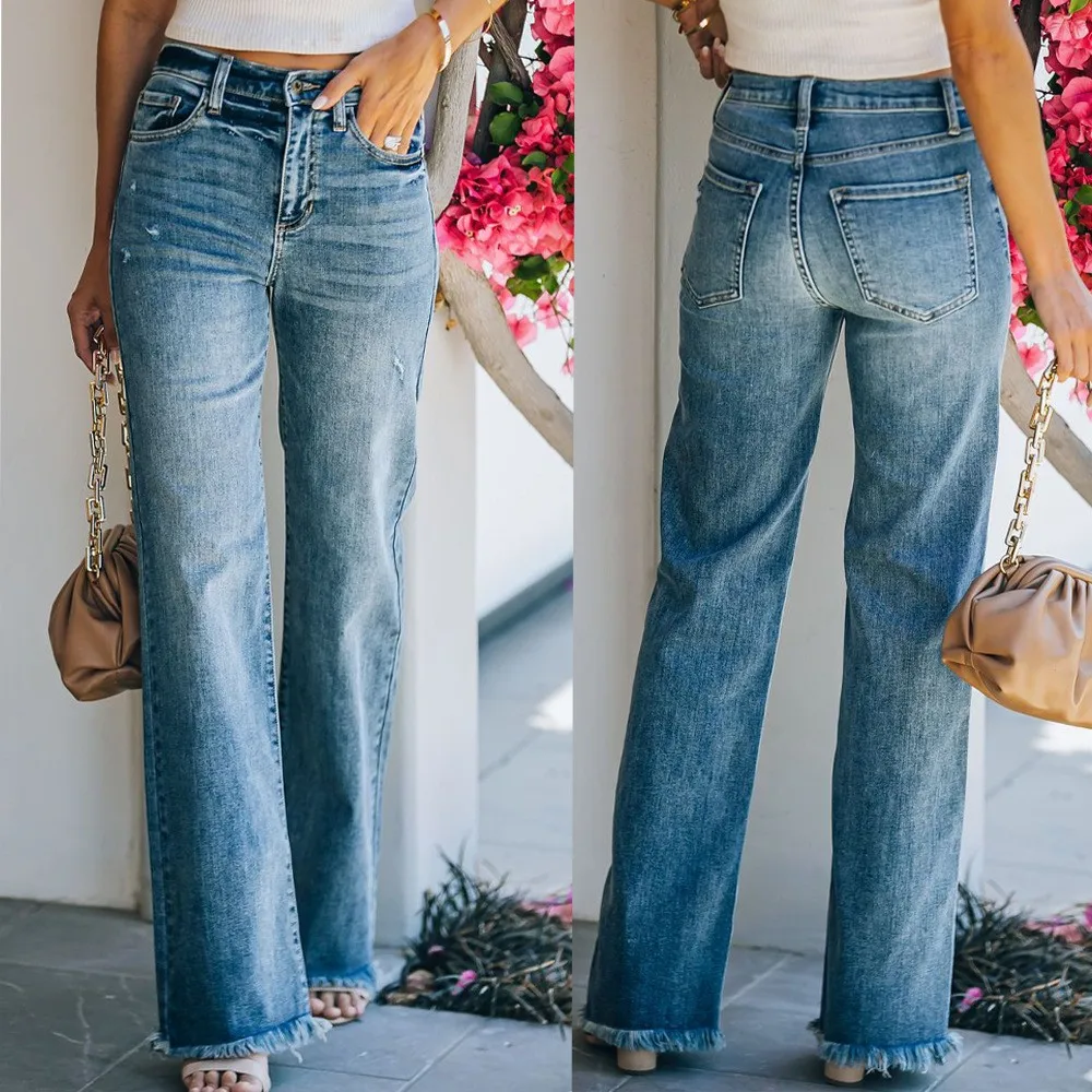 

Spring Women's Clothing Slimming Distressed Washed Mid Waist Baggy Y2K Jeans For Woman Streetwear Vintage Denim Long Pants