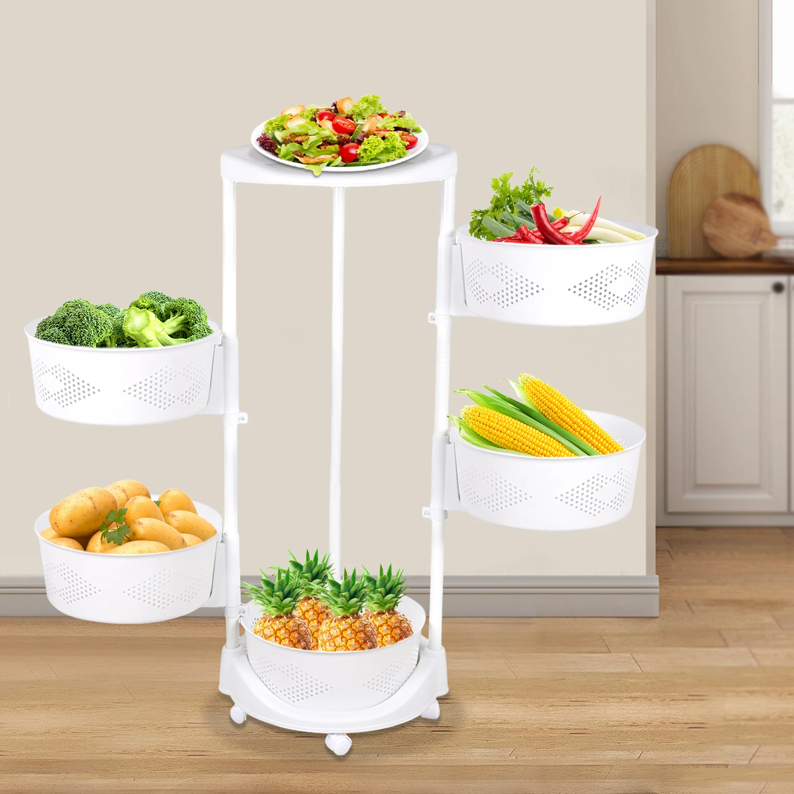 5 Tiers Rotating Storage Shelf Multi-Layer Kitchen Storage Rack Vegetable Organizer with Lockable Casters