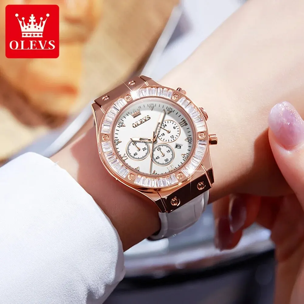 OLEVS 9978 Luxury Quartz Watch for Women Fashion Leather Strap Diamond Lap Ladies Wristwatch Top Brand Women\'s Chronograph Watch