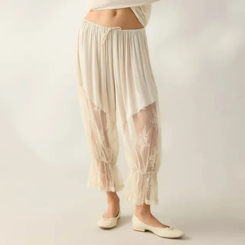 Y2K Streetwear Women Lace Trim Ruffle Patchwork Pants Elastic Drawstring Waist Cropped Lounge Long Pants