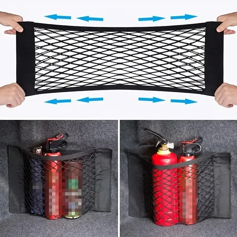 

1pc Universal Car Storage Bag Double Mesh Trunk Storage Net, Car Built-in Storage Bag, Car Fire Extinguisher Fixed Net
