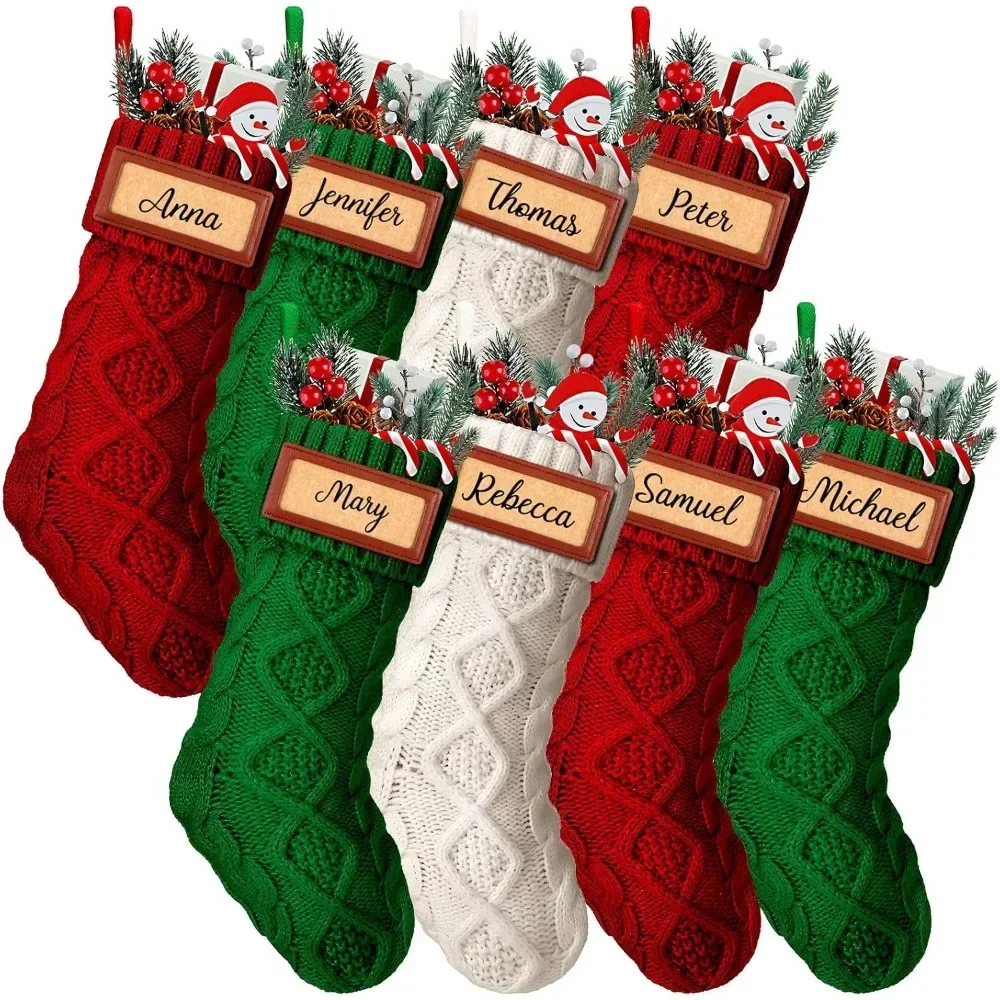 9 Pcs Personalized Christmas Stockings 14 Inches Xmas Stocking with Leather Patches Custom Name Cable Knitted Hanging Family