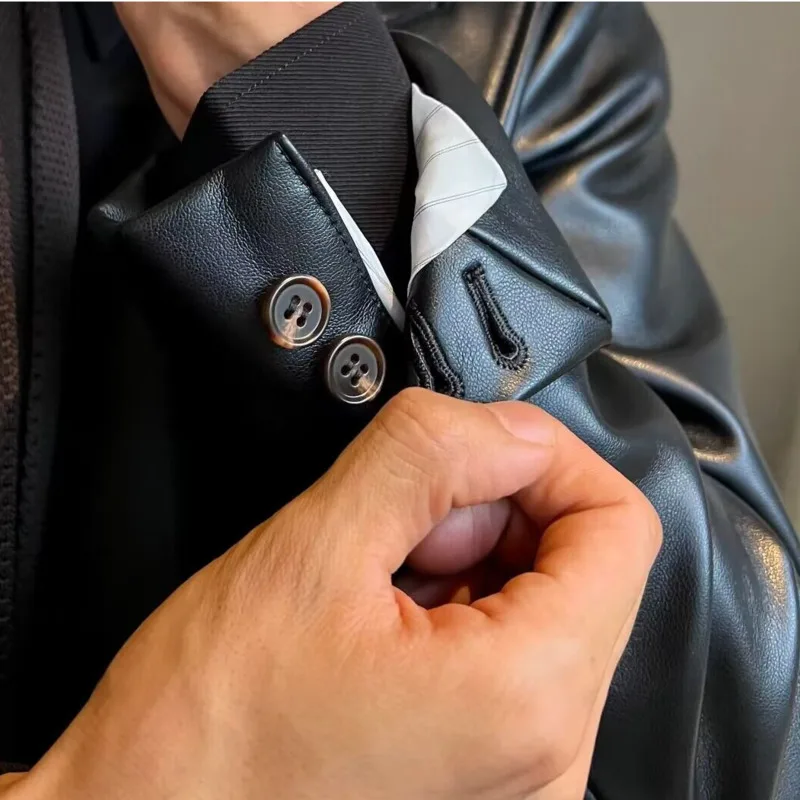 Fake Leather Blazer Jacket Black Leather Coat Casual Chaquetas Hombre Motorrad Blazer Single-breasted Lapel Leather Jacket