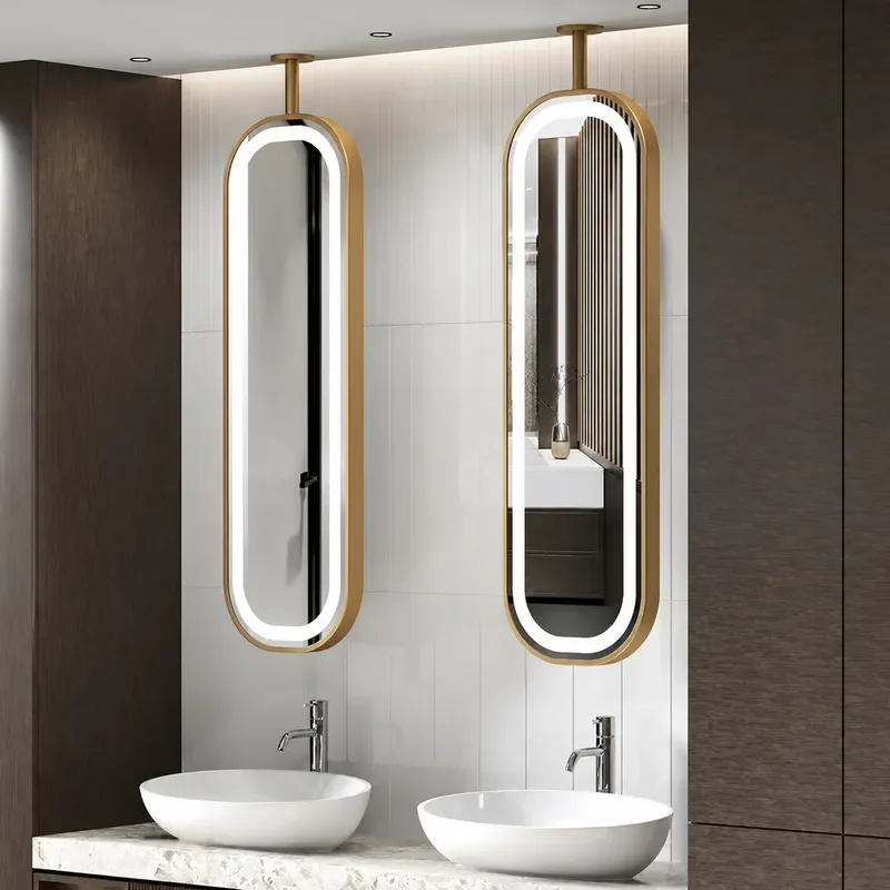 Oval LED Lighted Mirror with Suspension Rod Double Sided Ceiling Mounted Bathroom Mirror for Hotel and Home Decor