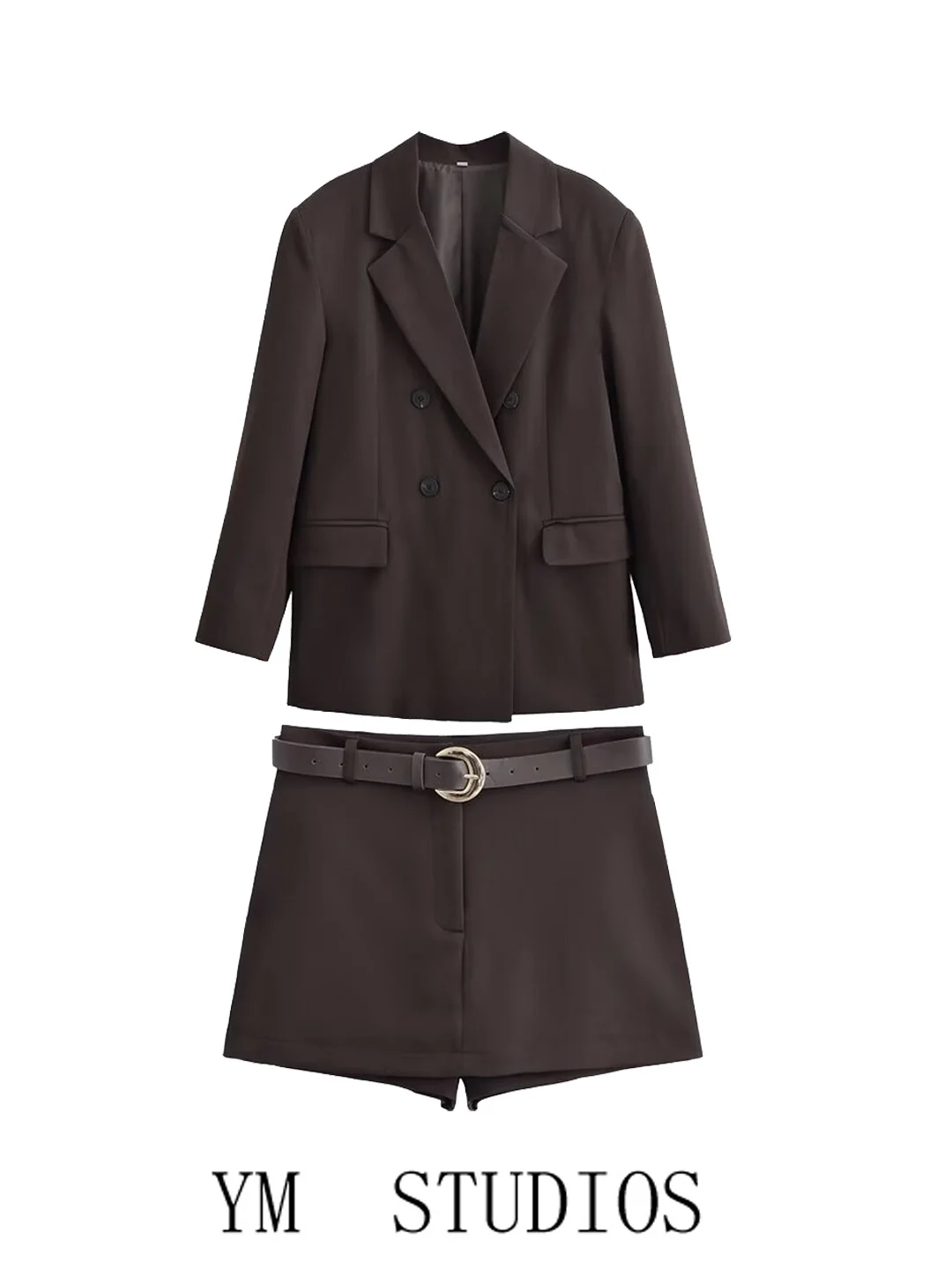 

Ретро-костюм в гонконгском стиле для женщин: коричневый пиджак на двух пуговицах и юбка-брюки, комплект с длинной юбкой, повседневный, из полиэстера