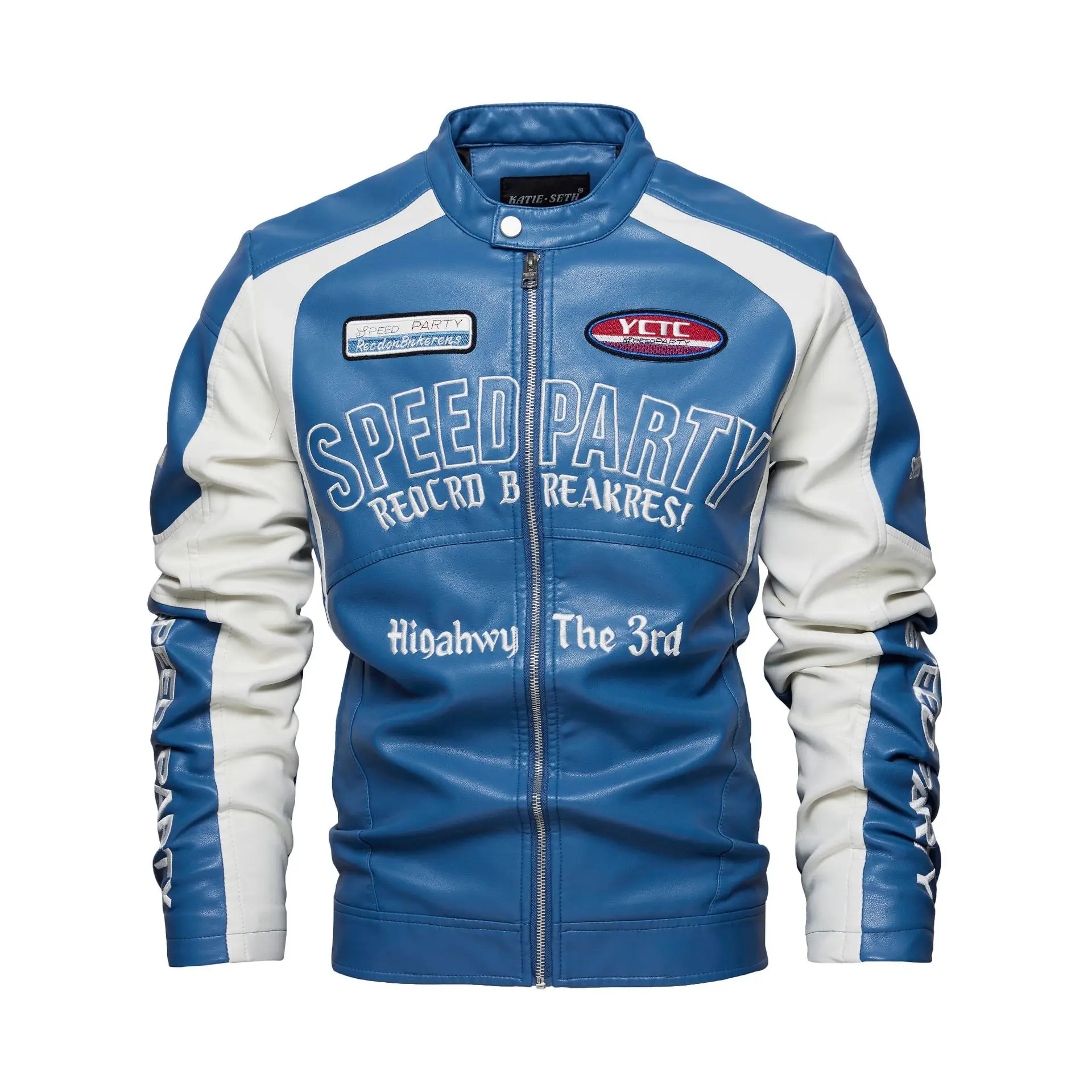 

Man Leather Coat Autumn Winter Streetwear Letter Embroidery Stand Collar Male Outerwear Contrast Color Long Sleeve Men Jacket