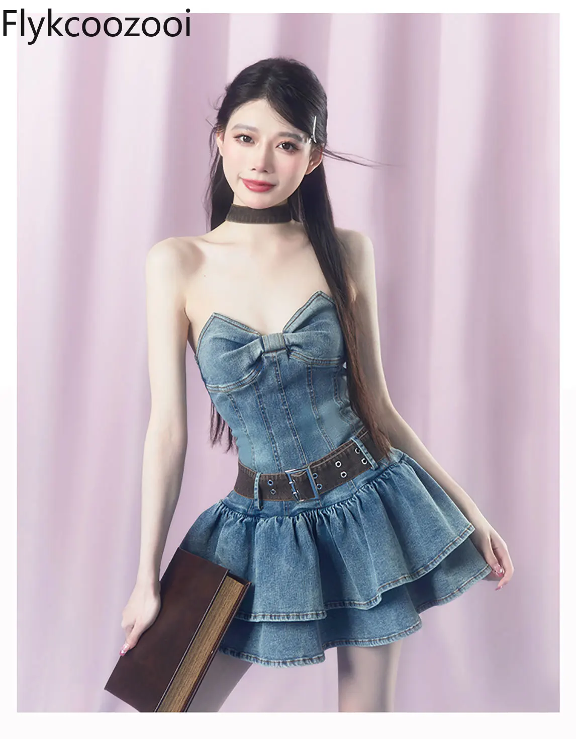 2024 Summer New Retro Denim Sweet and Spicy Strapless Dress Girls Show Thin Pommel Skirt Vintage Dress Vestidos De Mujer