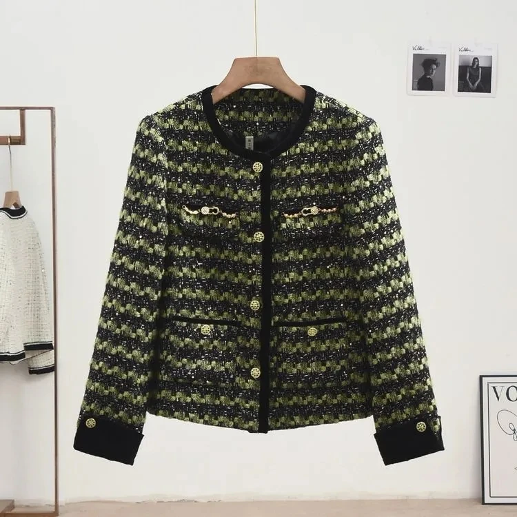 French style Small fragrant Woolen Coat 2026 Spring Autumn new single breasted striped Fashion Chain Decoration Coats Short Top