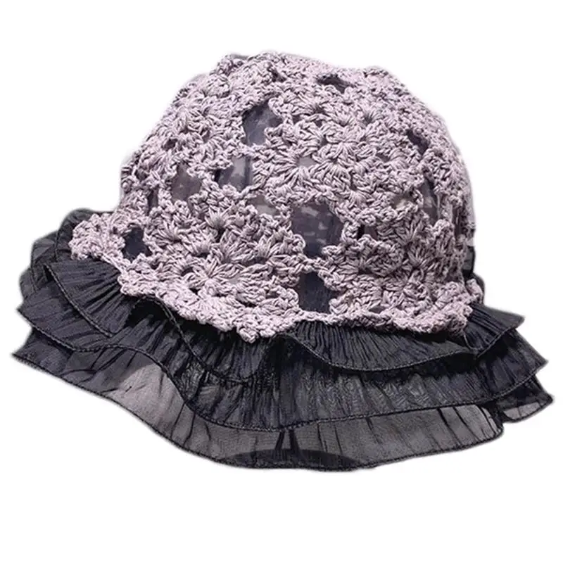 

652F Summer Handmade Knitted Cap Hollow Out Foldable Crochet for Sun Hat with Lace E