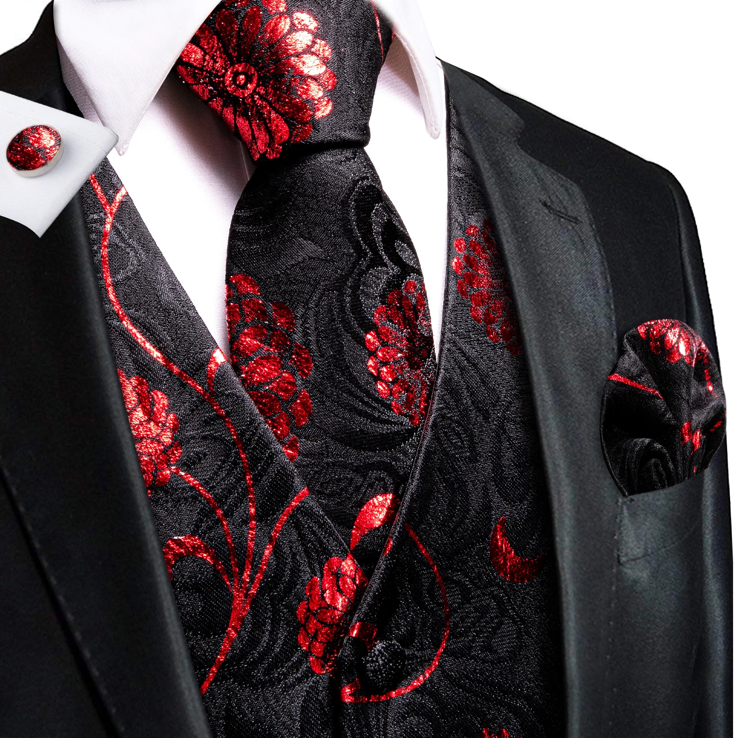 Hi-Tie Floral Silk Mens Vests Jacquard Waistcoat Neck Tie Hanky Cufflinks Set for Men Suit Sleeveless Jacket Wedding Business