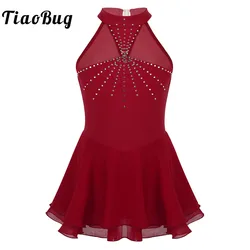 Kids Dancewear Sleeveless Shiny Rhinestones Mesh Splice Gymnastics Leotard Girls Ballet Figure Skating Dress Performance Costume