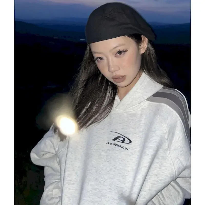 Y2K Streetwear Gray Oversized Hoodies Women Harajuku Vintage Patchwork Hooded Sweatshirts korean Casual Hip Hop Tops Kpop Grunge