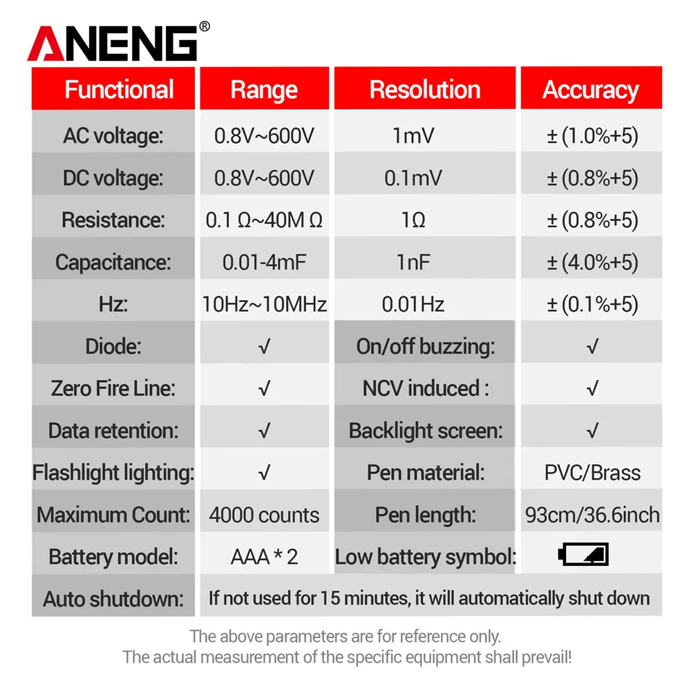 ANENG A3006 4000 Counts Pen Type Multimeter Measure AC/DC voltage Detachable pen tip Test Zero Fire Line high precision Tools