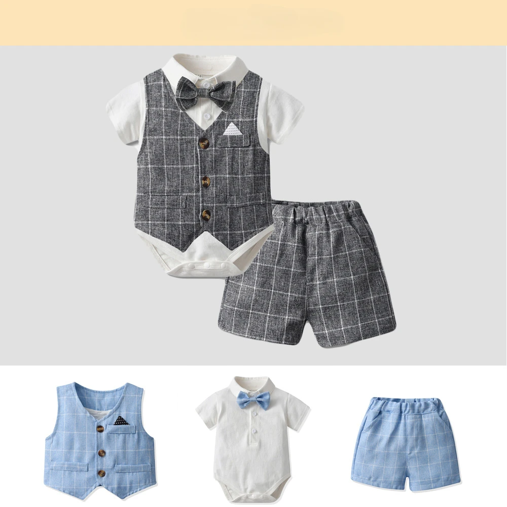 Children's Set Summer Short Sleeve Creeper Fashion Plaid Vest Boys' Shorts Three Piece Set