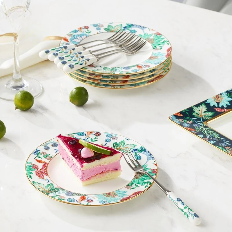 

Happy Garden 13 head dessert set, ceramic fruit plate, snack plate, fork and spoon combination bowl