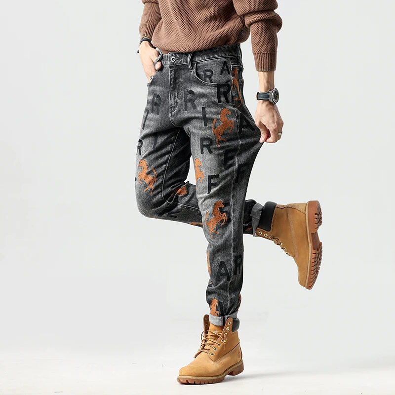 Street fashion jeans men's embroidery stretch ruffle handsome men's trousers Personalised patch Slim straight trousers