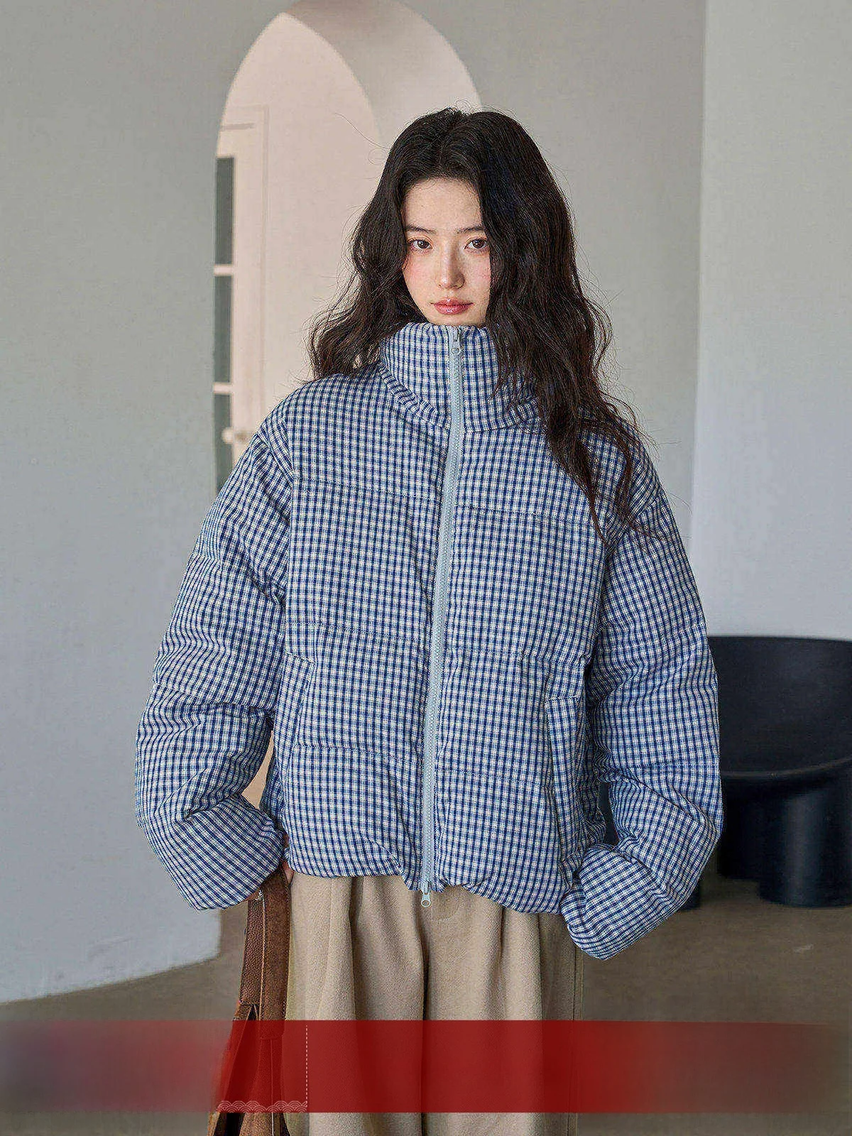 

MoZao Blue Plaid White Du down Warm Padded Jaet Women's Loose Slimming Lazy Sle ort Stand Collar Outerwear
