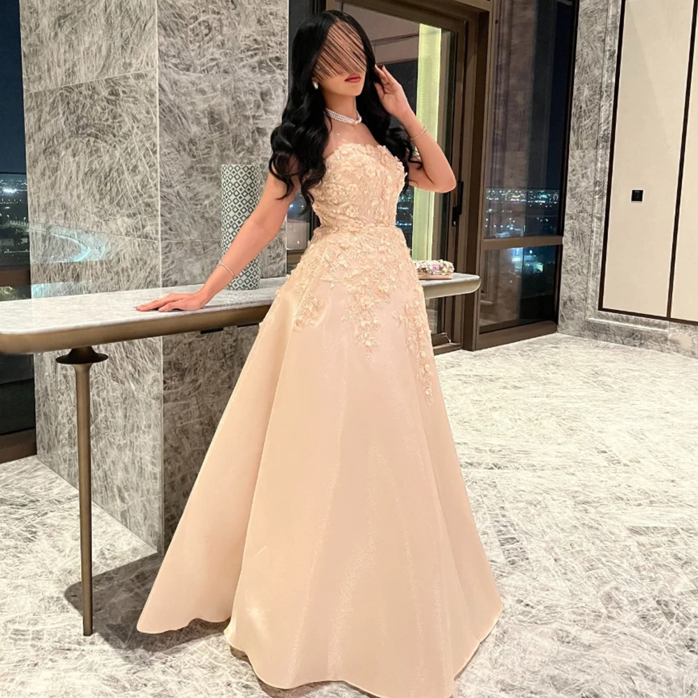 

Customized Beige Strapless A-line Appliques Evening Dresses Backless Lace-up Floor Length Party Prom Gown Flower Sleeveless Gown