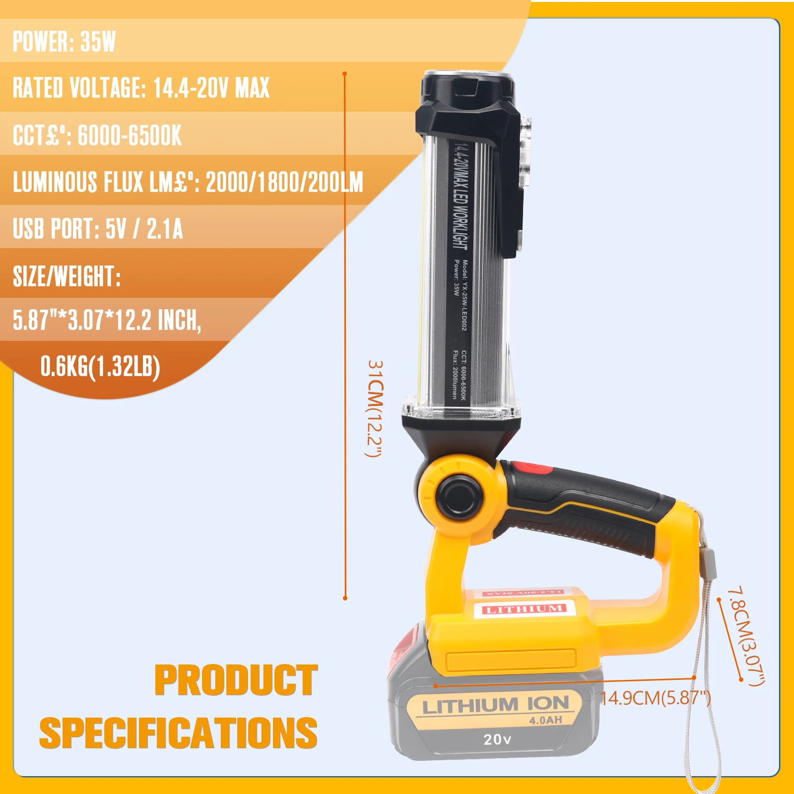 2000LM LED Work Light for Dewalt 20V Lithium-ion Battery Portable Light Horizontal Down Light Outdoor Handheld Flashlight 35W
