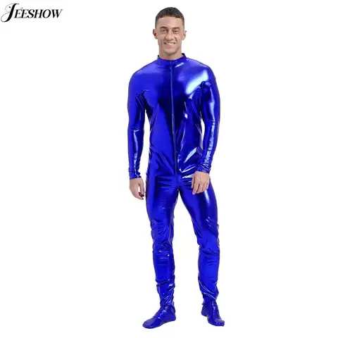 Mens Shiny Metallic Unitard Mock Neck Long Sleeve Front Zippre Full Body Bodysuit Zentai Costume for Stage Performance Costume