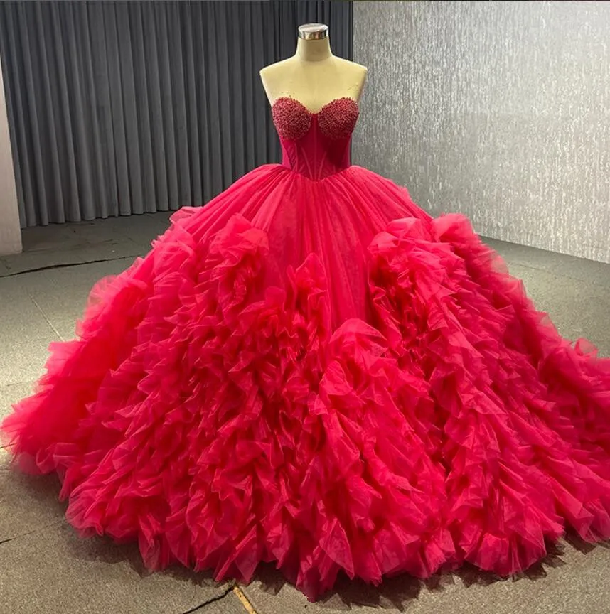 Vestido de baile rosa fucsia para quinceañera, corsé de cristal de lujo con cordones, falda con volantes, vestido de princesa de 15 años