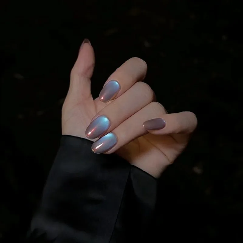 

24Pcs Fake Nails Dreamy Cat-Eye Aurora Shimmering Blue-Purple Short Style Press-On Tips Perfect As Gifts for Girls and Friends