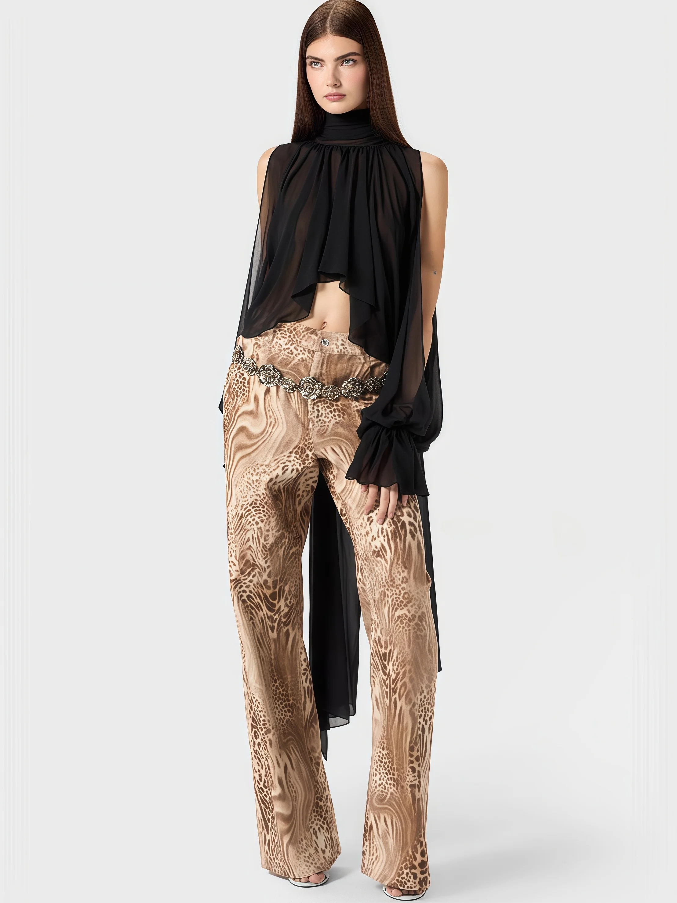 

Fashionable Asymmetrical Hem Tie Neck Shoulder Bared Loose Chiffon Shirt Hanging Neck Luxury Unique Top French Style Streetwear