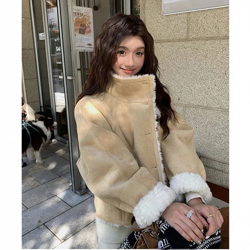 Faux Shearling Thick Warm Coat Women Loose Casual Vintage Buttons Jacket Fall Winter Office Lady Retro Long Sleeve Outwear Tops