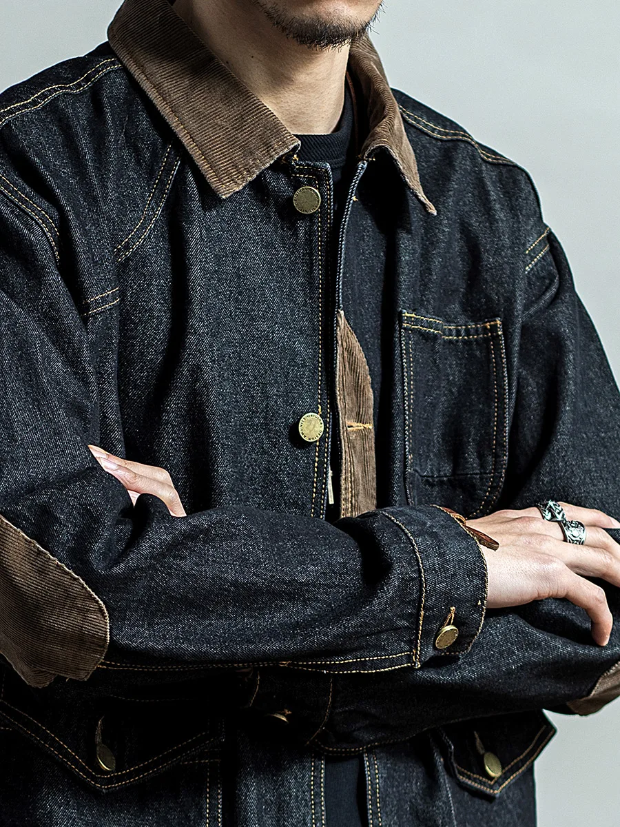 Corduroy Denim Jacket Men's Loose Fit Retro American Workwear High Street Stylish Outerwear Spring Autumn Trendy Coat