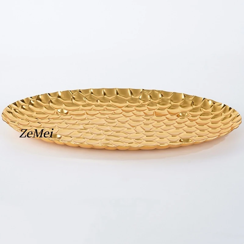 Elliptical Fruit Plate, European-Style Exquisitely Carved Hammer Texture Metal Cake Tray, Home Dessert Snack Plate Decoration view 3