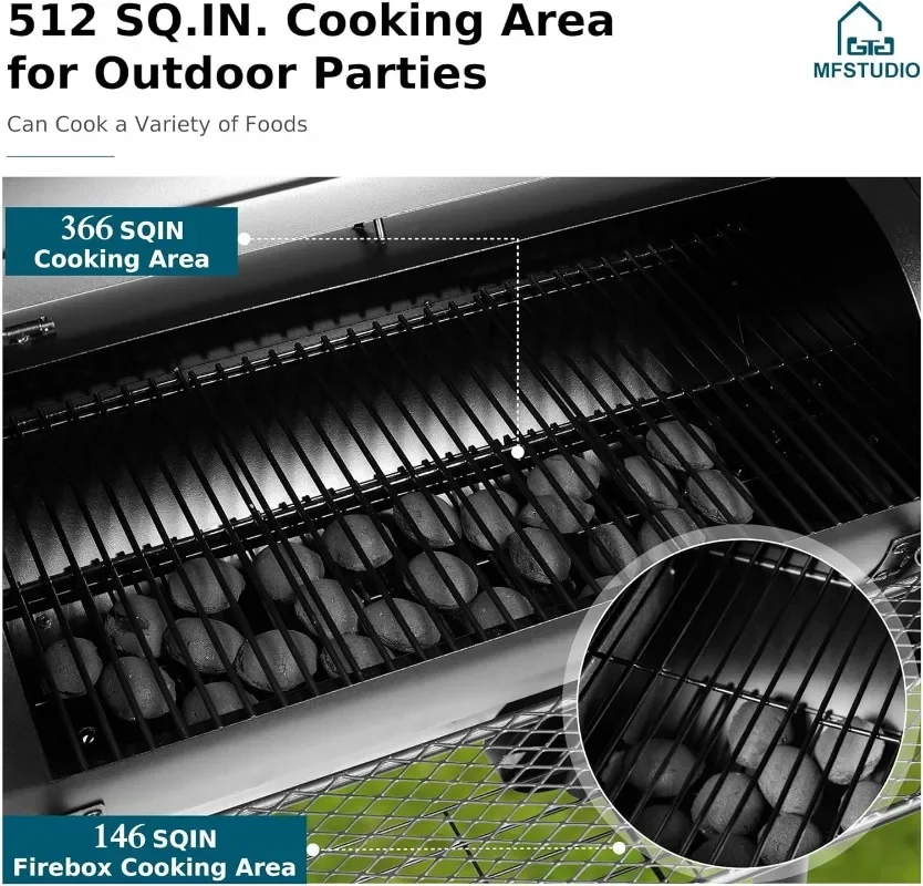 MFSTUDIO Heavy Duty Charcoal Wood Offset Outdoor Smoker Grill, Charcoal Grill with Smoker Combo for BBQ Grilling, 512 SQ.IN. 2