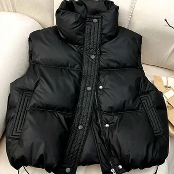 Winter Down Cotton Vest Jacket Women's 2025 New Sleevele Stand Parkas Warm Short Vest Coat Female Waistcoat Overcoat Ladies Tops 3