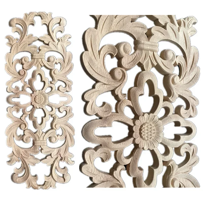 2PCS 48cm Wooden Carving Decal for Furniture Cabinet Door Floral Wood Carved Corner Applique Vintage Frame Wall Home Decor Craft