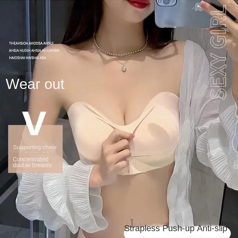 BANERDANNI Ice Silk Seamless Strapless Underwear for Women Small Breasts with Non-slip Non-slip Invisible Bra Cover Wipe Chest image 5