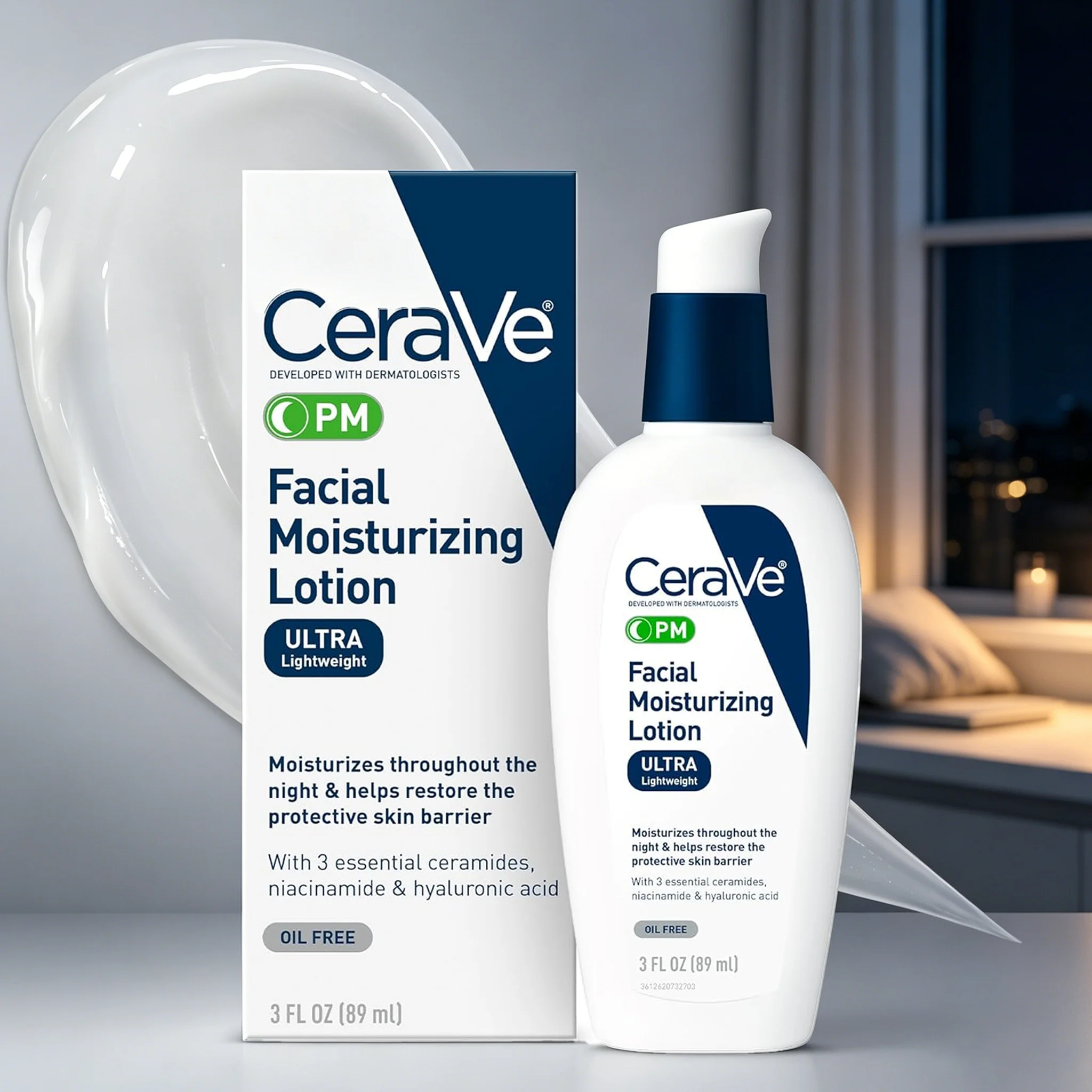 Loción Hidratante Facial CeraVe PM con Ácido Hialurónico y Niacinamida, Humectante Ultraligero y Sin Aceite para el Rostro, 3 Onzas
