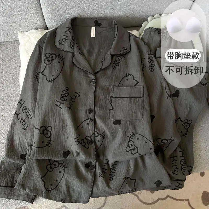 New Hello Kittys Sleepwear with Chest Mat for Women Spring Autumn Clouds Pure Cotton Yarn Long Sleeve Home Clothes Cute Cartoon
