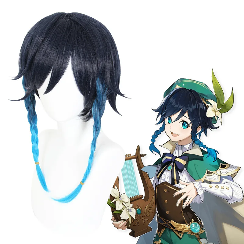 Xiu Dan Genshin Impact Venti cosplay pruik, donkerblauw tot lichtblauw gradiënt gevlochten kapsel, 455I