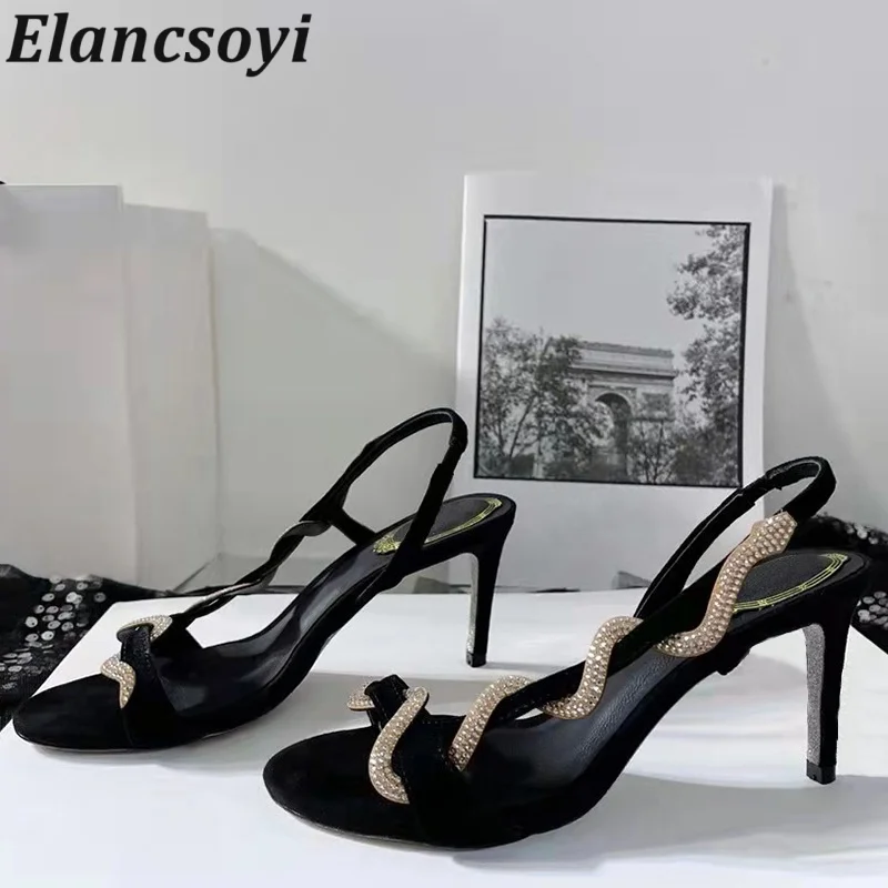 Sandalias Women's Shiny Rhinestone Snake Shaped Winding Banquet Shoes Summer Thin Heels Back Strap Sexy High Heels Sandals
