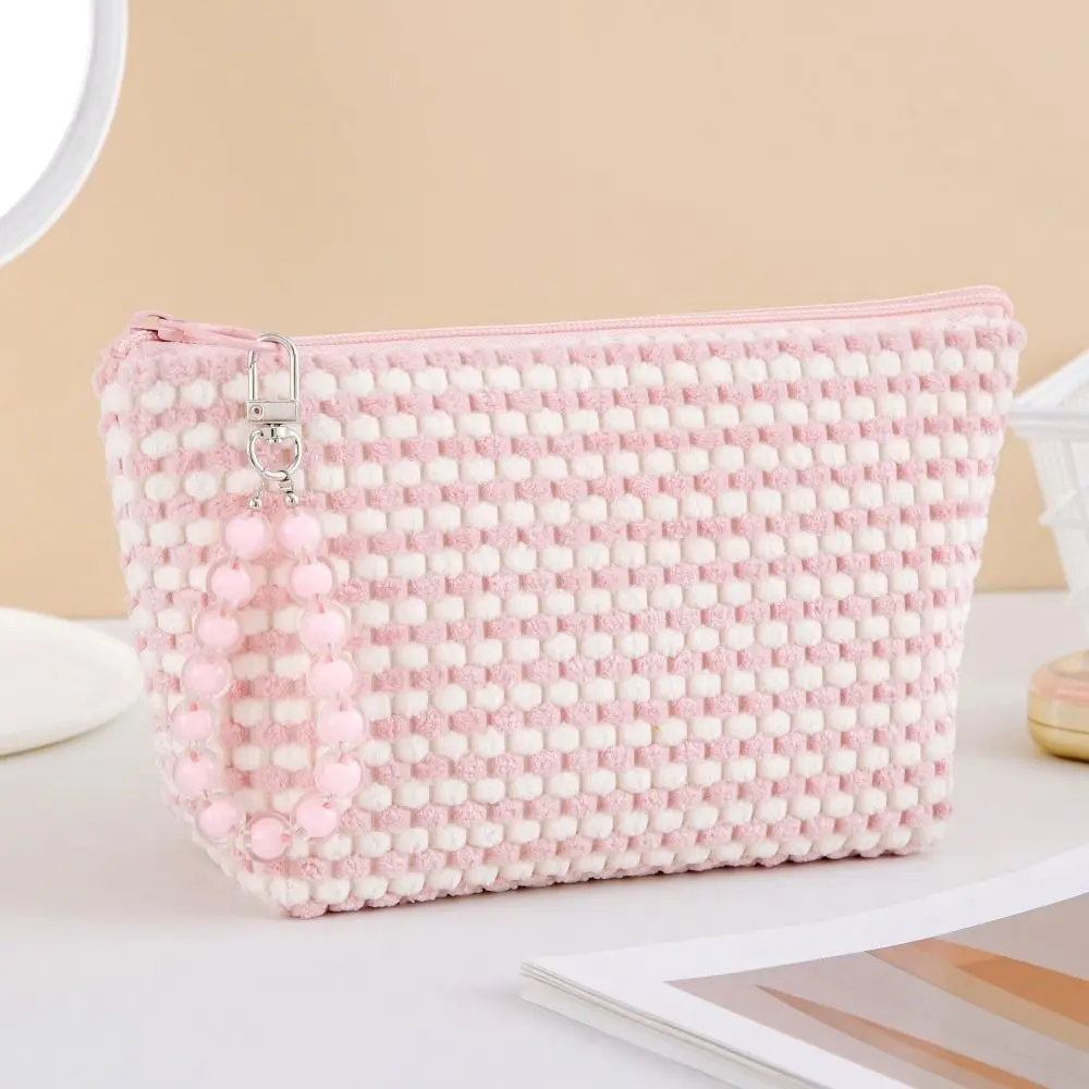 With Bead Bracelet Women Cosmetic Bag Zipper Portable Travel Makeup Organizer Handheld High Capacity Plush Cosmetic Case Home