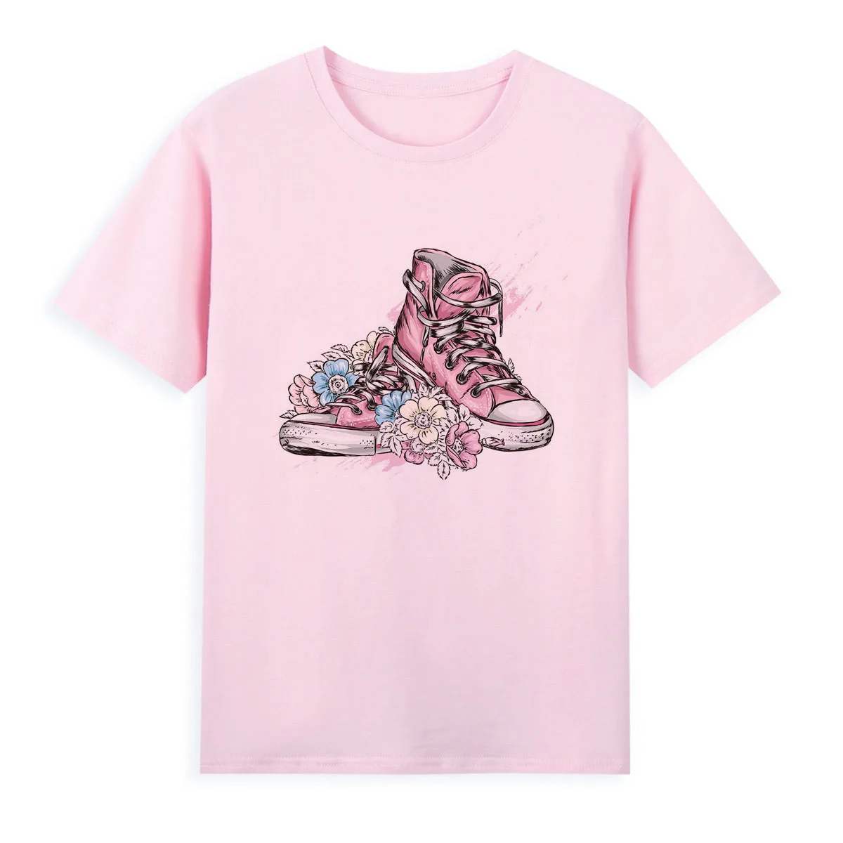 Girls' Canvas Shoes Flower Print T-shirt Summer Short Sleeve Casual Tees Cheap Women's Clothing Female Top A0105